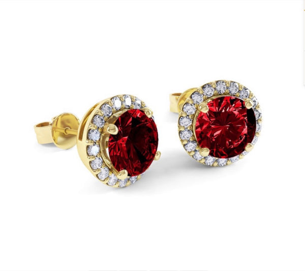 Gold-Tone Ruby-Red Round Crystal White Halo Stud Earrings