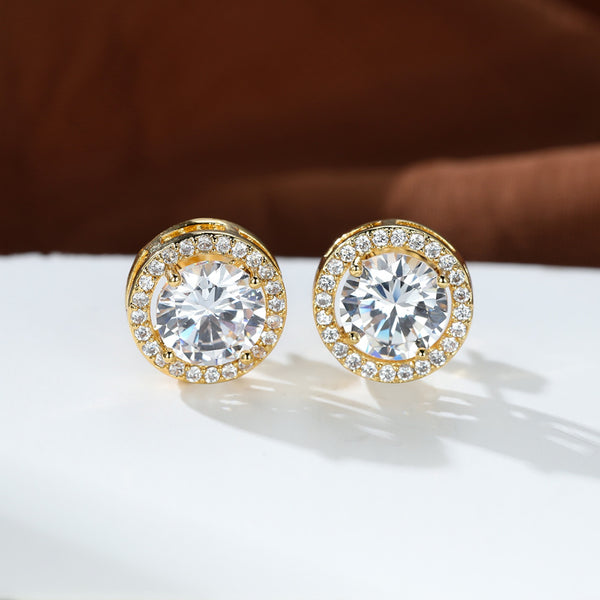 Gold-Tone Sparkling White Round Crystal Halo Stud Earrings