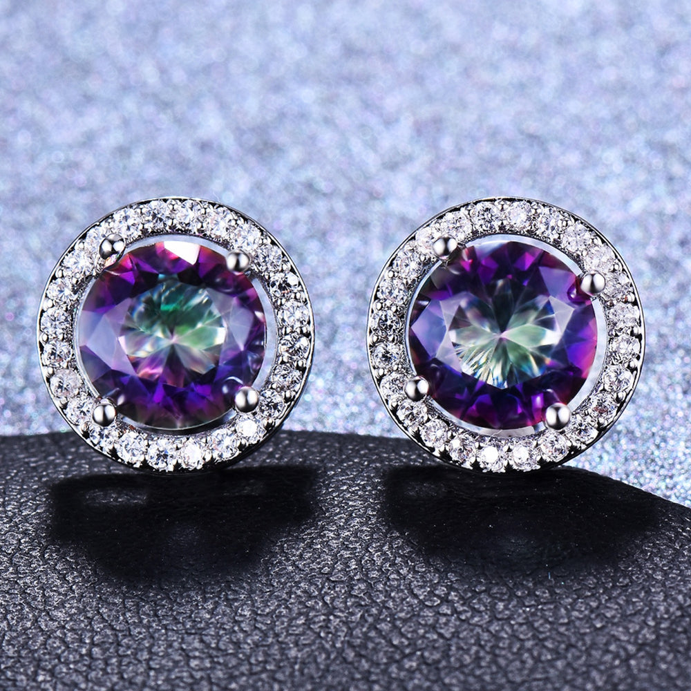 Silver-Tone Mystic Rainbow Round Crystal Halo Stud Earrings