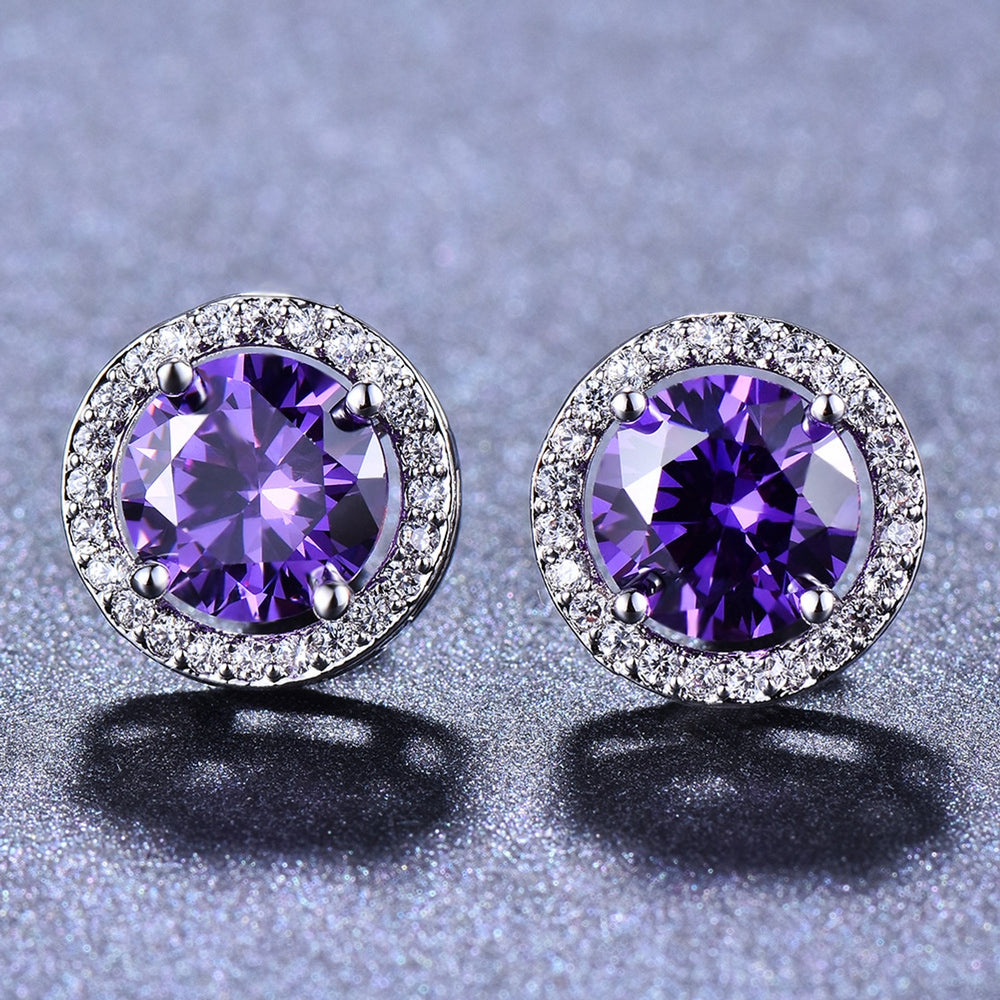 Silver-Tone Purple Round Crystal Stud Earrings