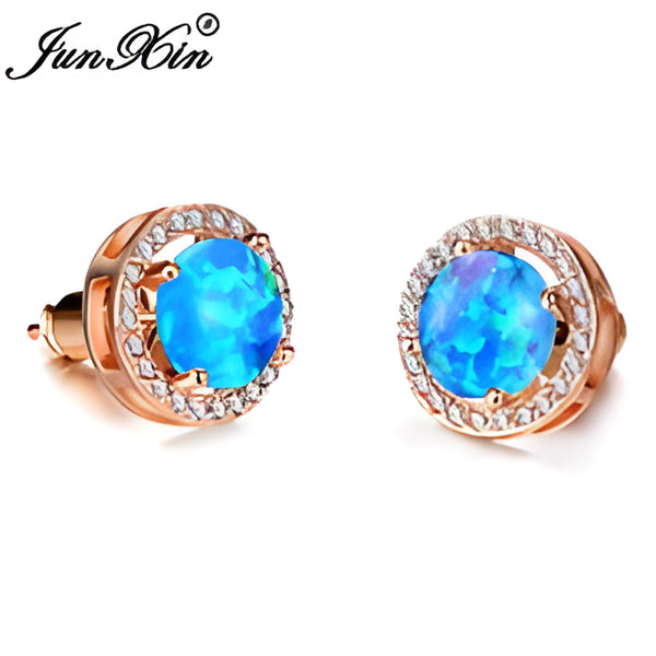 Rose Gold-Tone Blue Simulated Opal Round Crystal Halo Stud Earrings