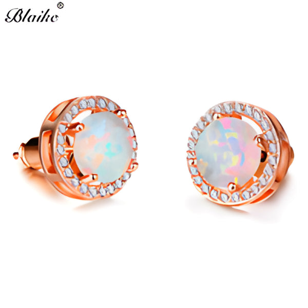Rose Gold-Tone White Simulated Opal Round Crystal Halo Stud Earrings