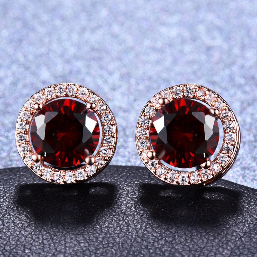 Rose Gold-Tone Garnet-Red Round Crystal Halo Stud Earrings