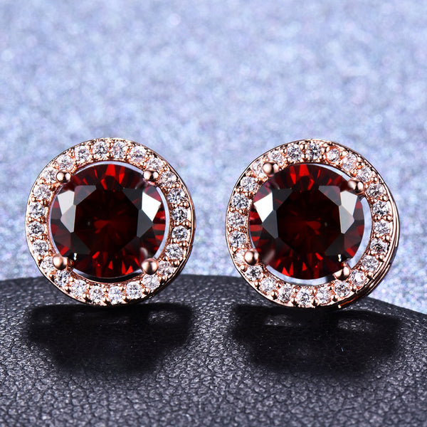 Rose Gold-Tone Garnet-Red Round Crystal Halo Stud Earrings