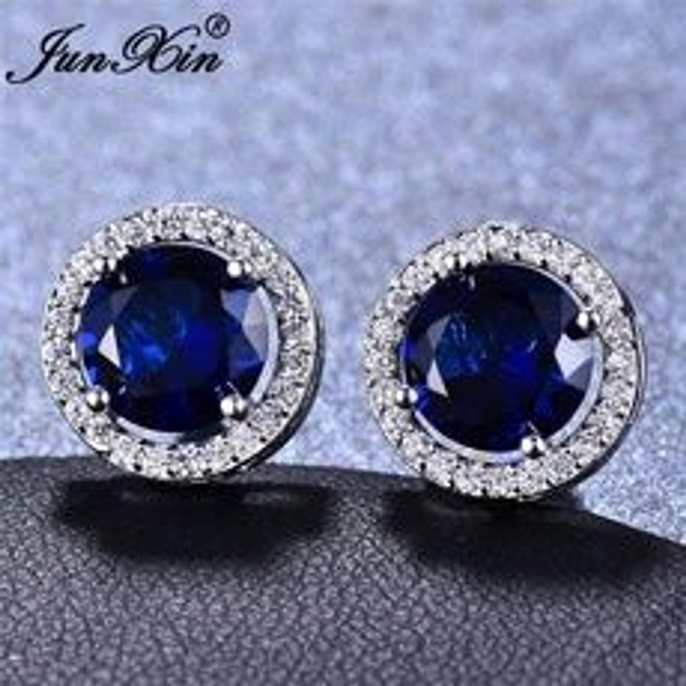 Silver-Tone Royal Blue Round Crystal Stud Earrings