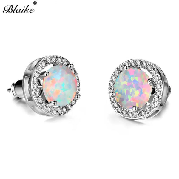 Silver-Tone Round White Simulated Opal Crystal Halo Stud Earrings