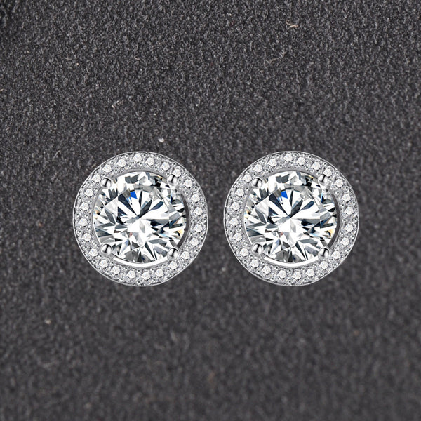 Silver-Tone White Round Crystal Halo Stud Earrings