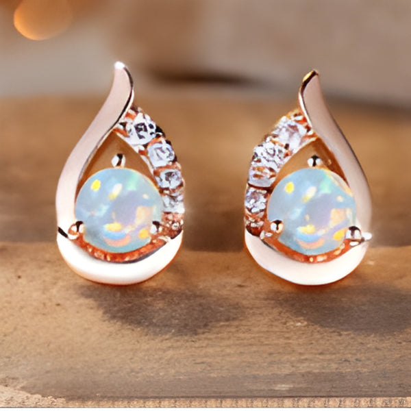 Rose Gold-Tone White Simulated Opal Wing Stud Earrings With Crystal Accents