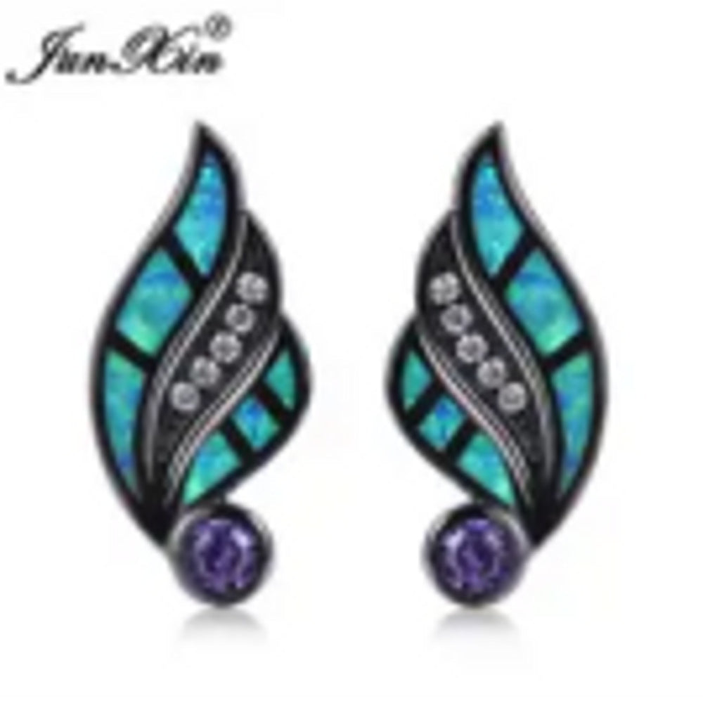 Black Gold-Tone Blue Simulated Opal Wing Stud Earrings