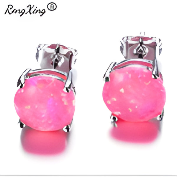 Rose Gold-Tone Round Pink Simulated Opal Solitaire Stud Earrings
