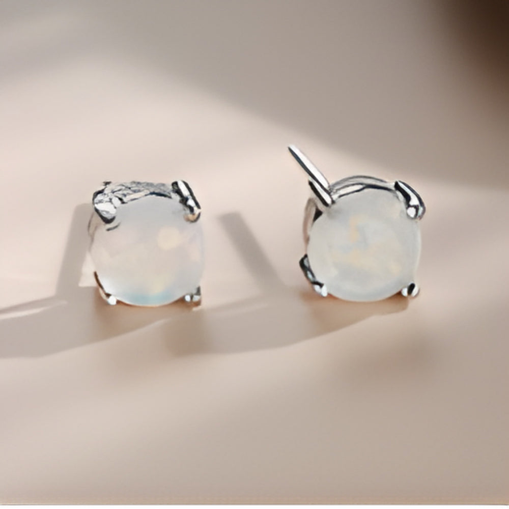 Silver-Tone Round White Simulated Opal Solitaire Stud Earrings