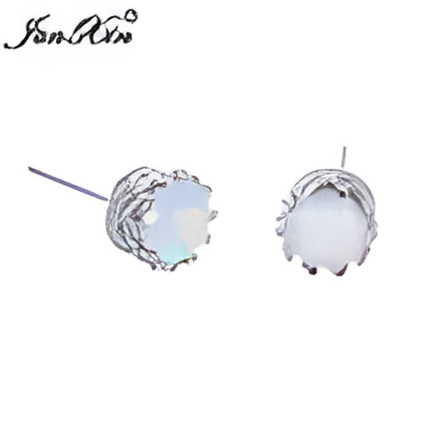 Silver-Tone Round White Simulated Opal Crown-Prong Stud Earrings