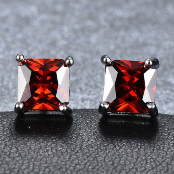 Silver-Tone Red Square Crystal Solitaire Stud Earrings