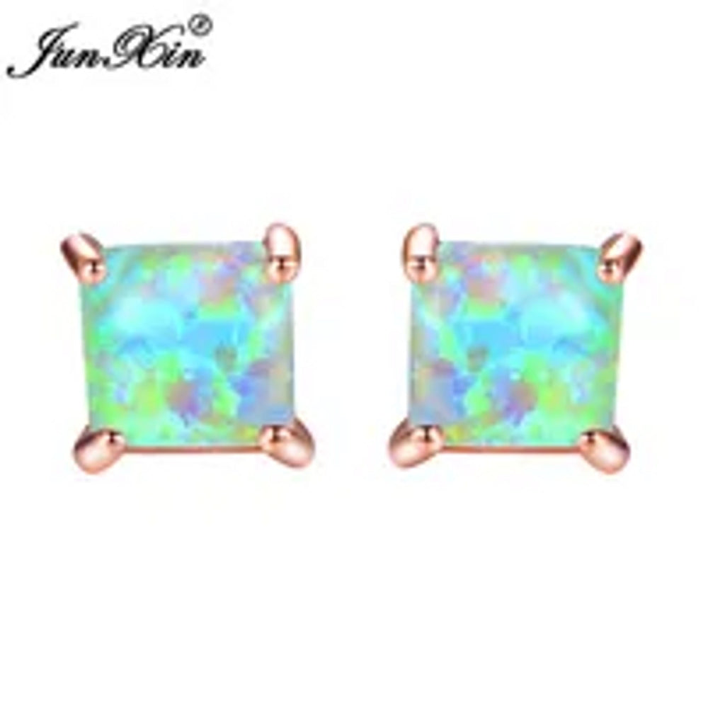 Rose Gold-Tone Green Square Simulated Opal Stud Earrings