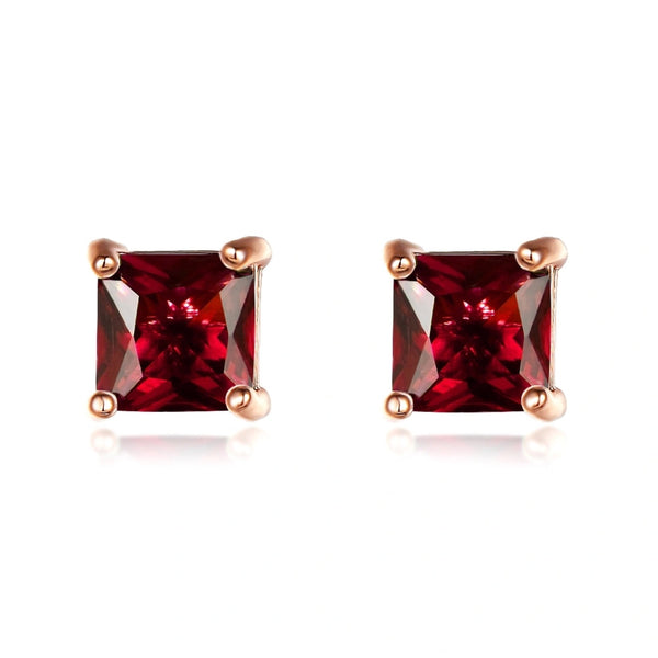 Rose Gold-Tone Garnet-Red Square Crystal Stud Earrings