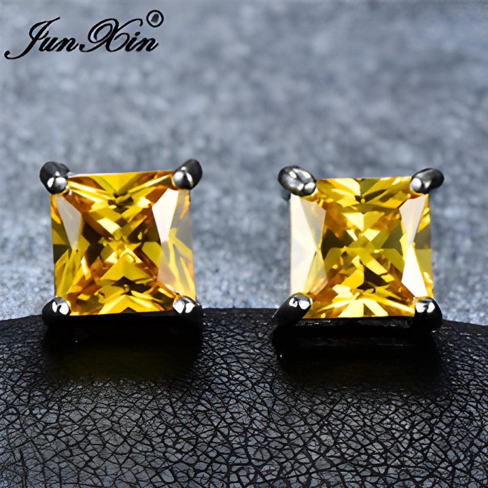 Silver-Tone Yellow Princess-Cut Square Crystal Stud Earrings