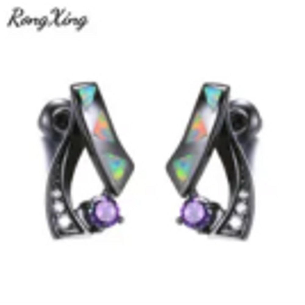 Black Gold-Tone White Triangle Simulated Opal Stud Earrings