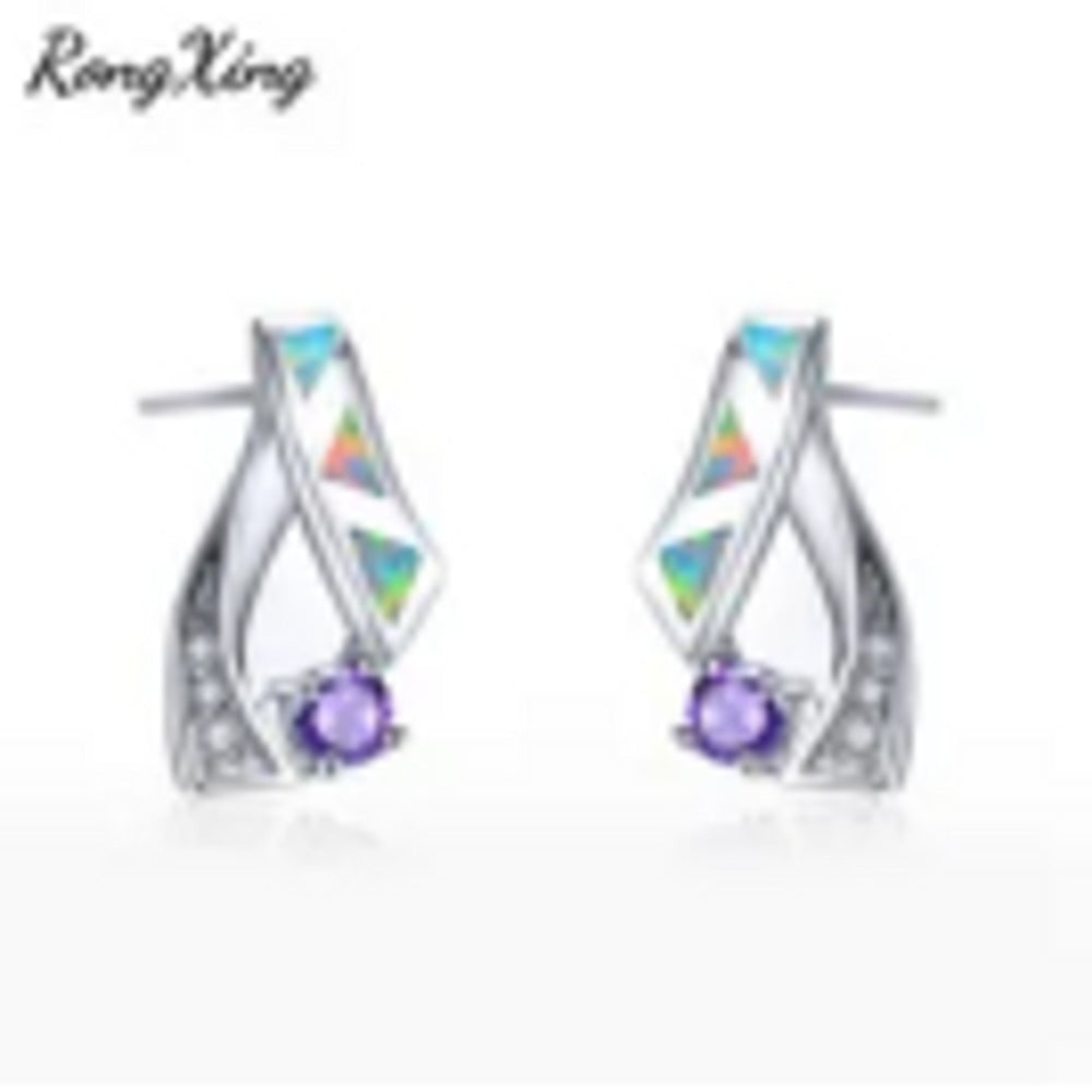 Sterling Silver White Triangle Simulated Opal Stud Earrings