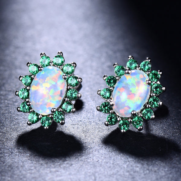 Silver-Tone Oval White Simulated Opal Green Crystal Halo Stud Earrings