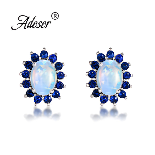 Silver-Tone Oval White Simulated Opal Blue Crystal Halo Stud Earrings