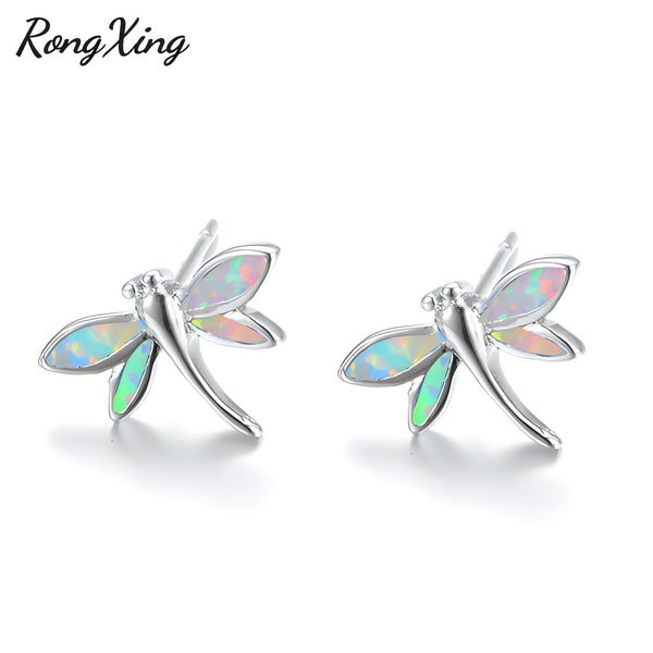 Silver-Tone White Simulated Opal Dragonfly Stud Earrings