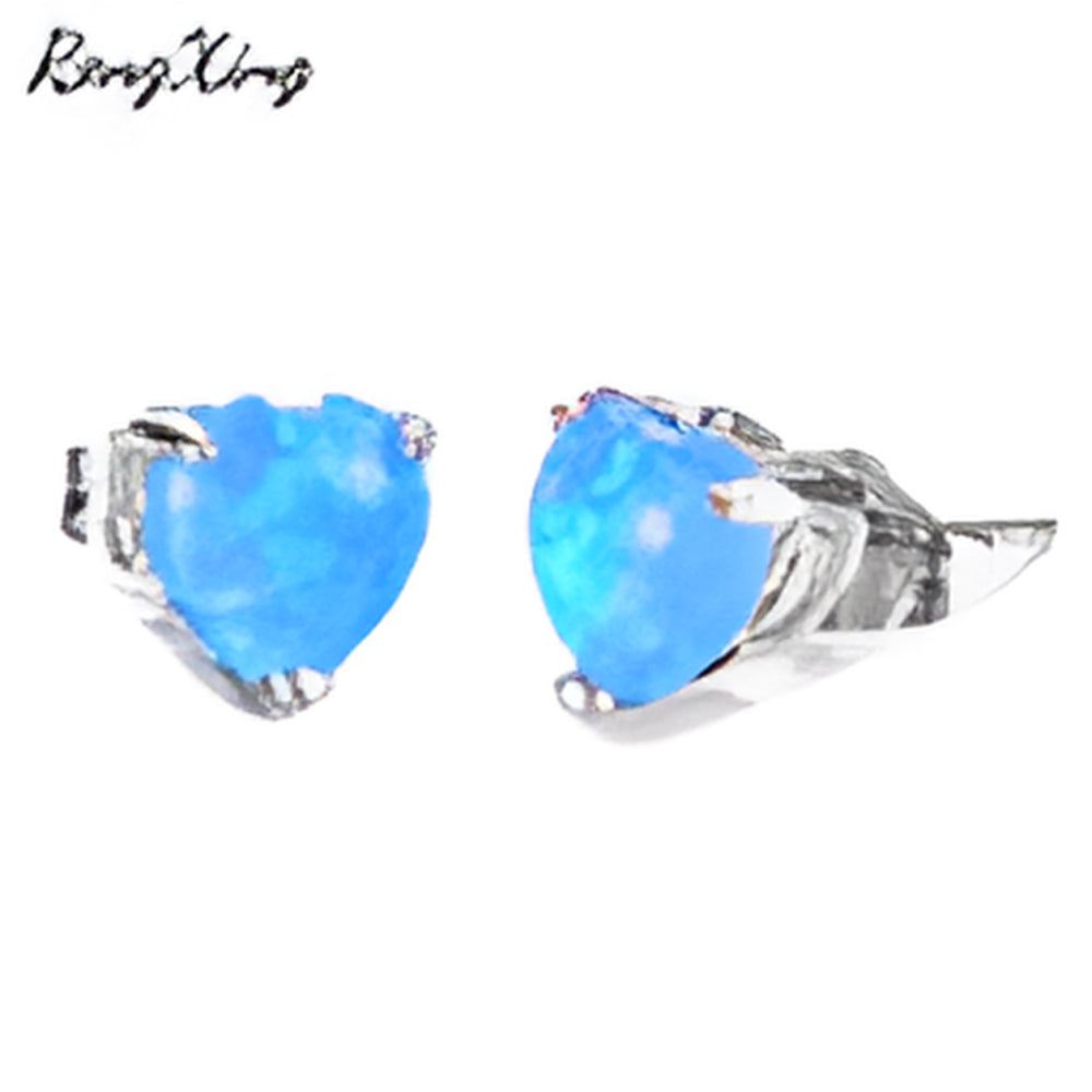 Silver-Tone Heart-Shaped Blue Simulated Opal Prong-Set Stud Earrings