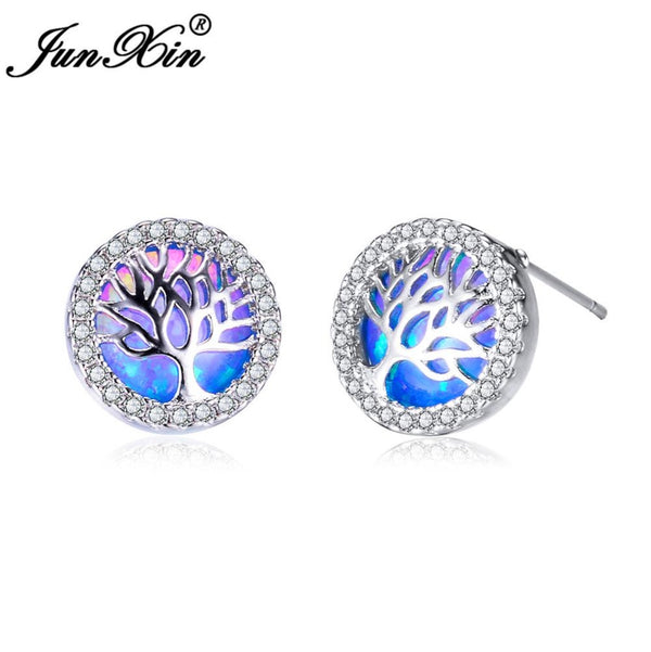 Silver-Tone Blue Simulated Opal Tree of Life Crystal Halo Stud Earrings