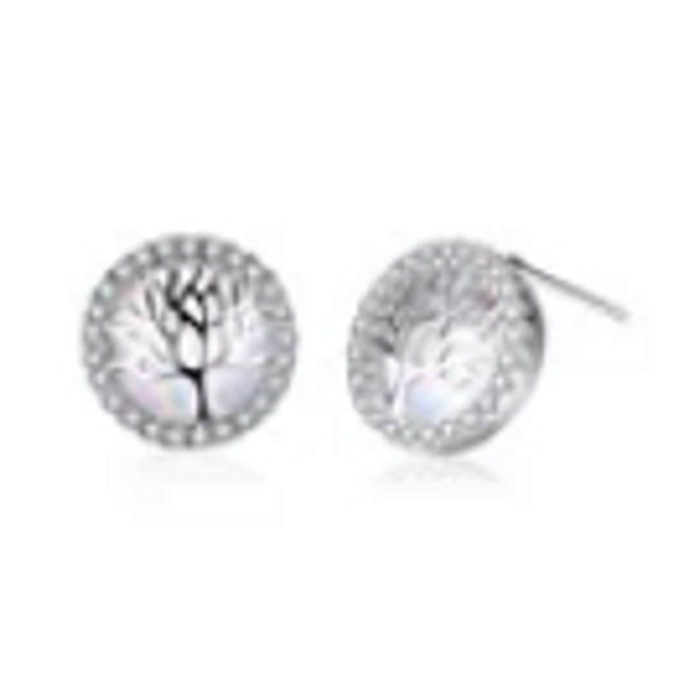 Sterling Silver Haloed White Simulated Opal Tree Of Life Stud Earrings
