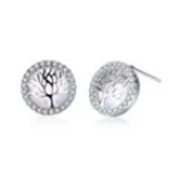 Sterling Silver Haloed White Simulated Opal Tree Of Life Stud Earrings