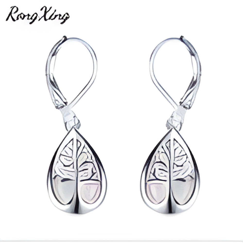 Silver-Tone White Simulated Opal Tree of Life Teardrop Drop Earrings
