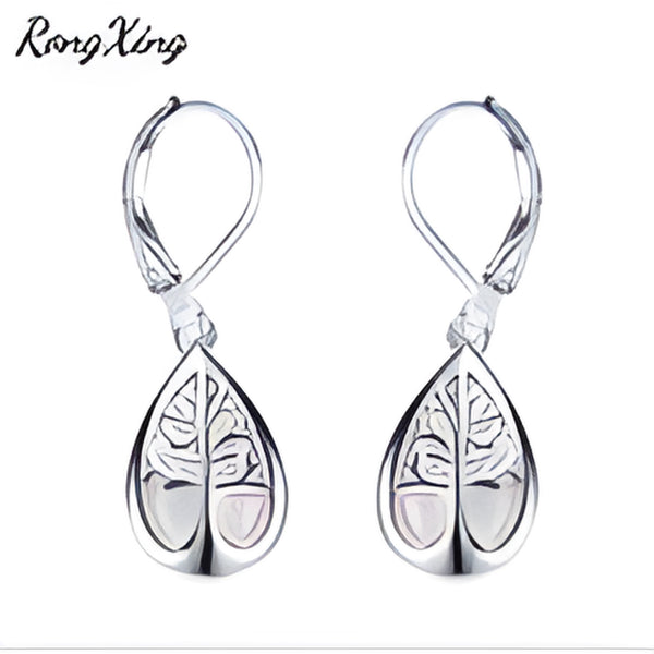 Silver-Tone White Simulated Opal Tree of Life Teardrop Drop Earrings
