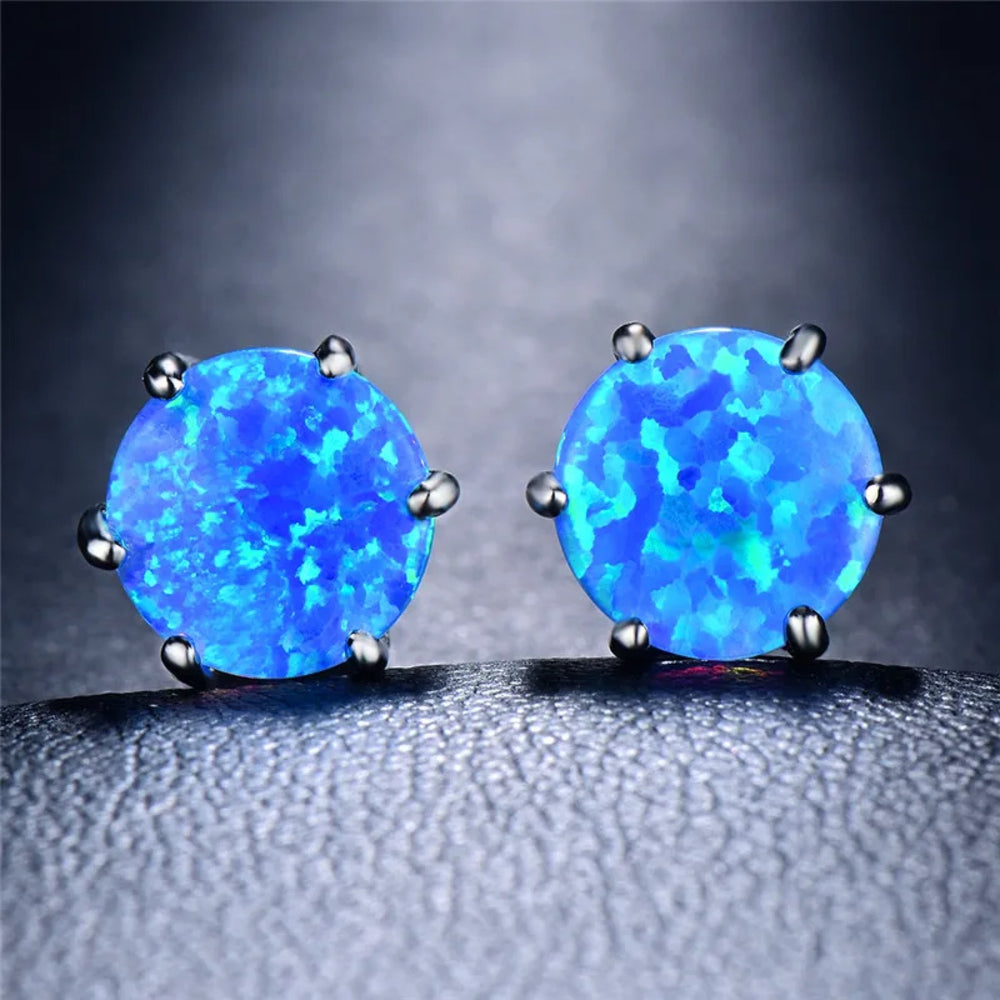 Silver-Tone Round Blue Simulated Opal Six-Prong Stud Earrings