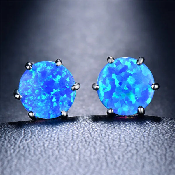 Silver-Tone Round Blue Simulated Opal Six-Prong Stud Earrings