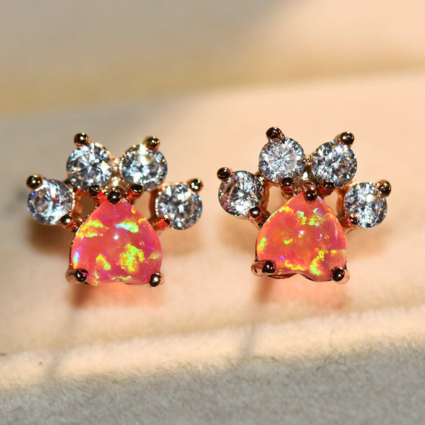 Rose Gold-Tone Pink Simulated Opal Paw Print Stud Earrings With Crystal Toes
