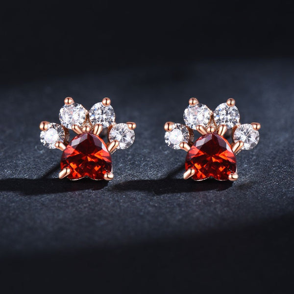 Rose Gold-Tone Red Heart Crystal Paw Print Stud Earrings