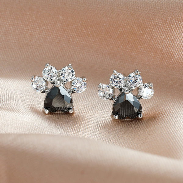 Silver-Tone Black Heart Paw Print Stud Earrings With Crystal Toes