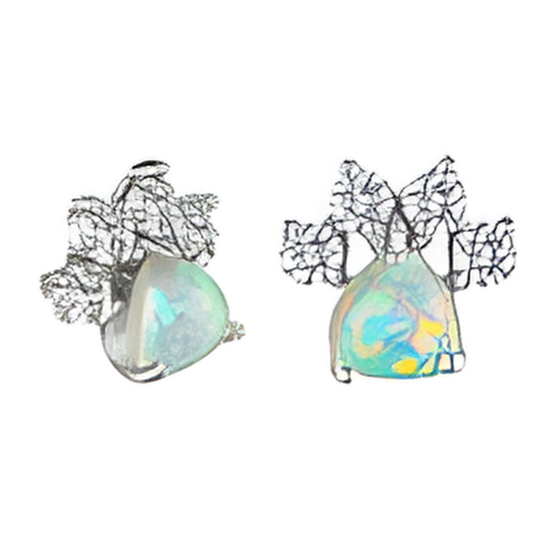 Silver-Tone White Simulated Opal Heart Paw Print Stud Earrings