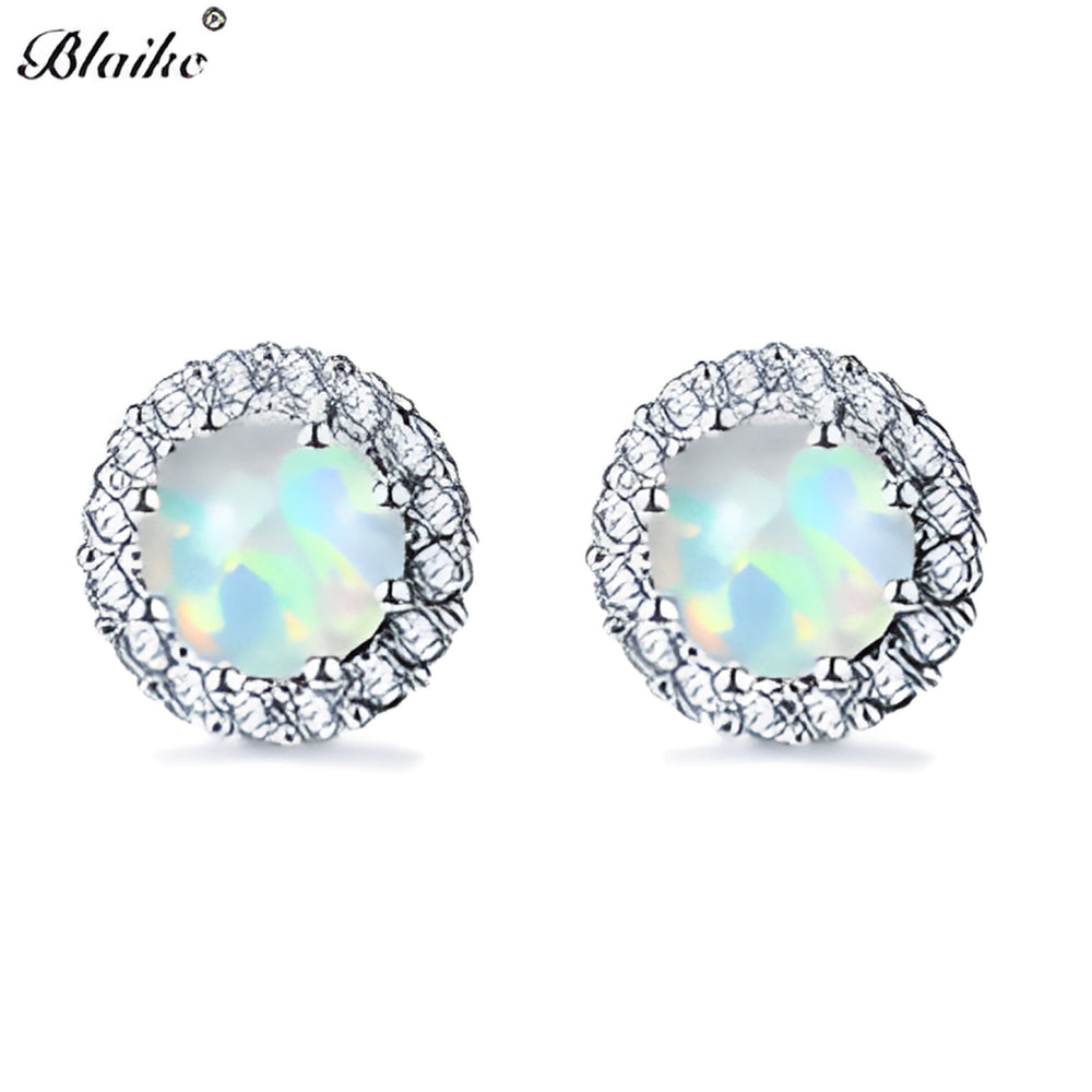 Silver-Tone Round White Simulated Opal Crystal Halo Stud Earrings
