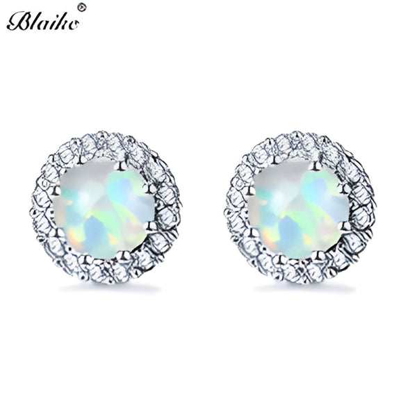 Silver-Tone Round White Simulated Opal Crystal Halo Stud Earrings