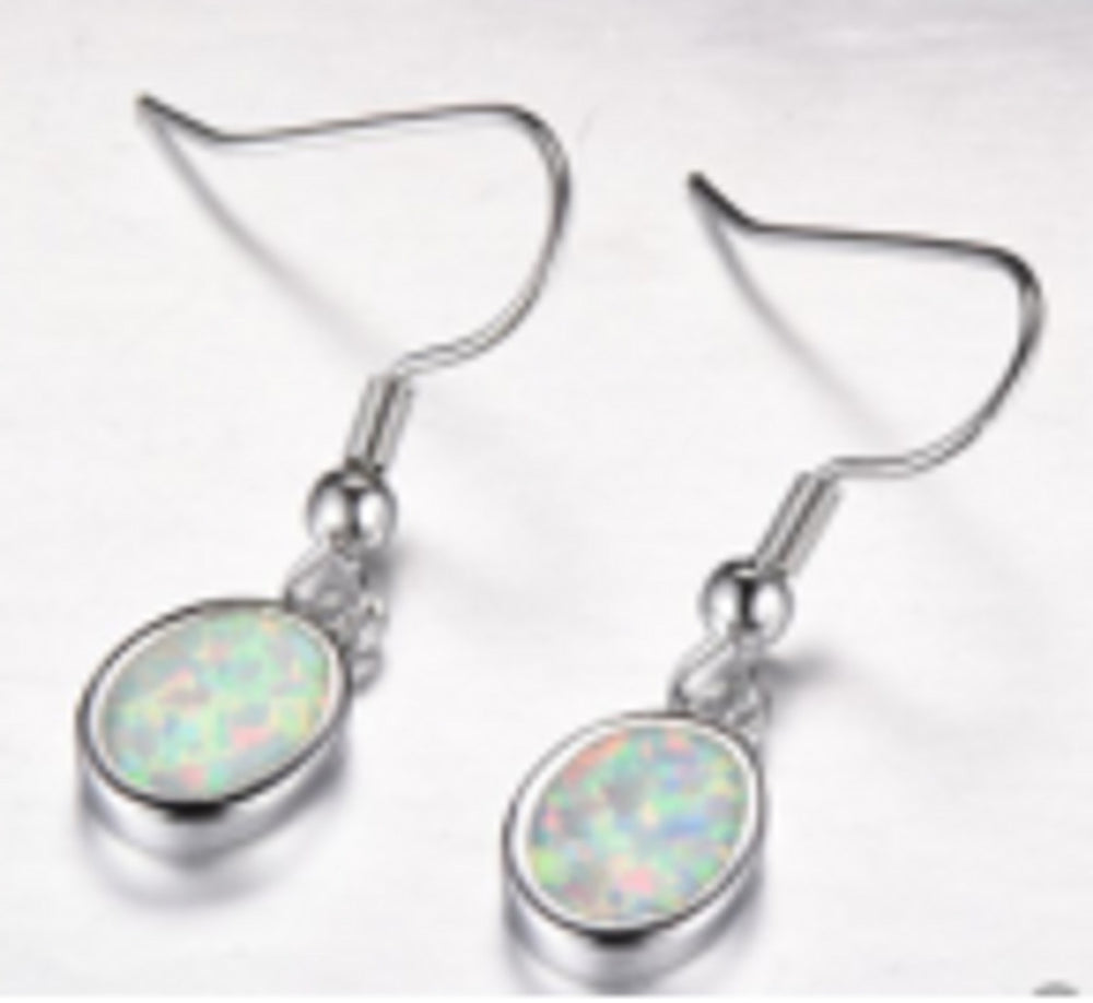 Sterling Silver White Oval Simulated Opal Drop Earrings