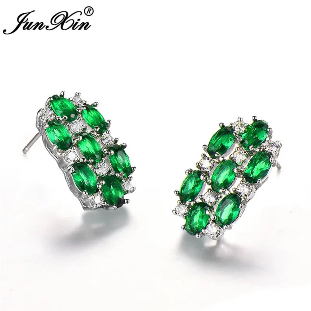 Silver-Tone Green Oval Crystal Three-Bar Stud Earrings