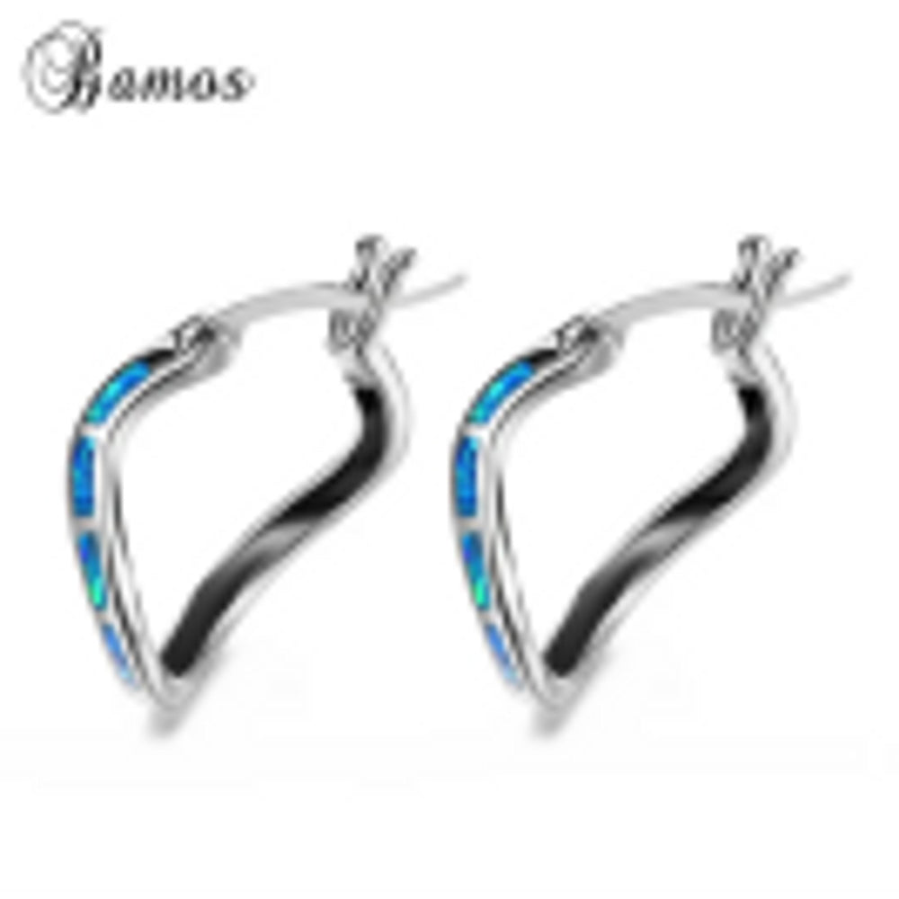 Sterling Silver Blue Simulated Opal Wave Huggie Earrings