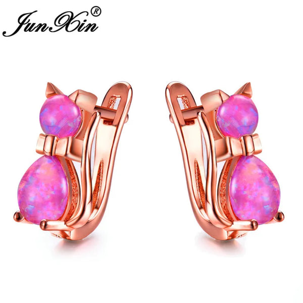 Rose Gold-Tone Purple Simulated Opal Cat Huggie Earrings