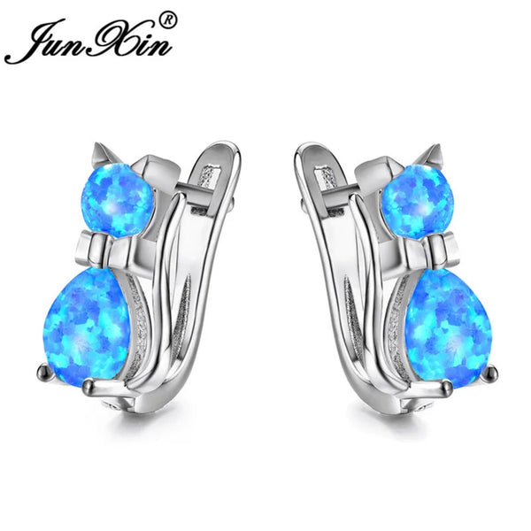 Silver-Tone Blue Simulated Opal Kitty Cat Huggie Earrings