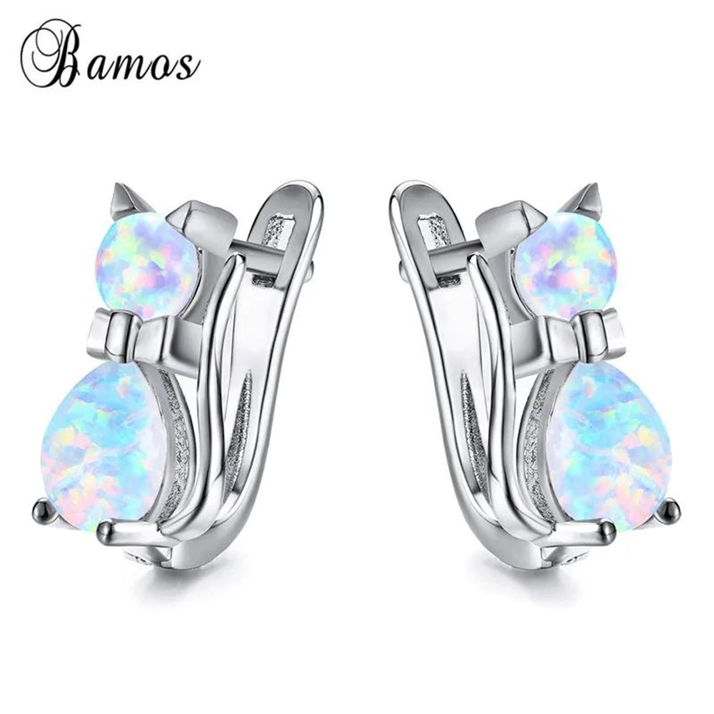 Sterling Silver White Simulated Opal Cat Huggie Earrings