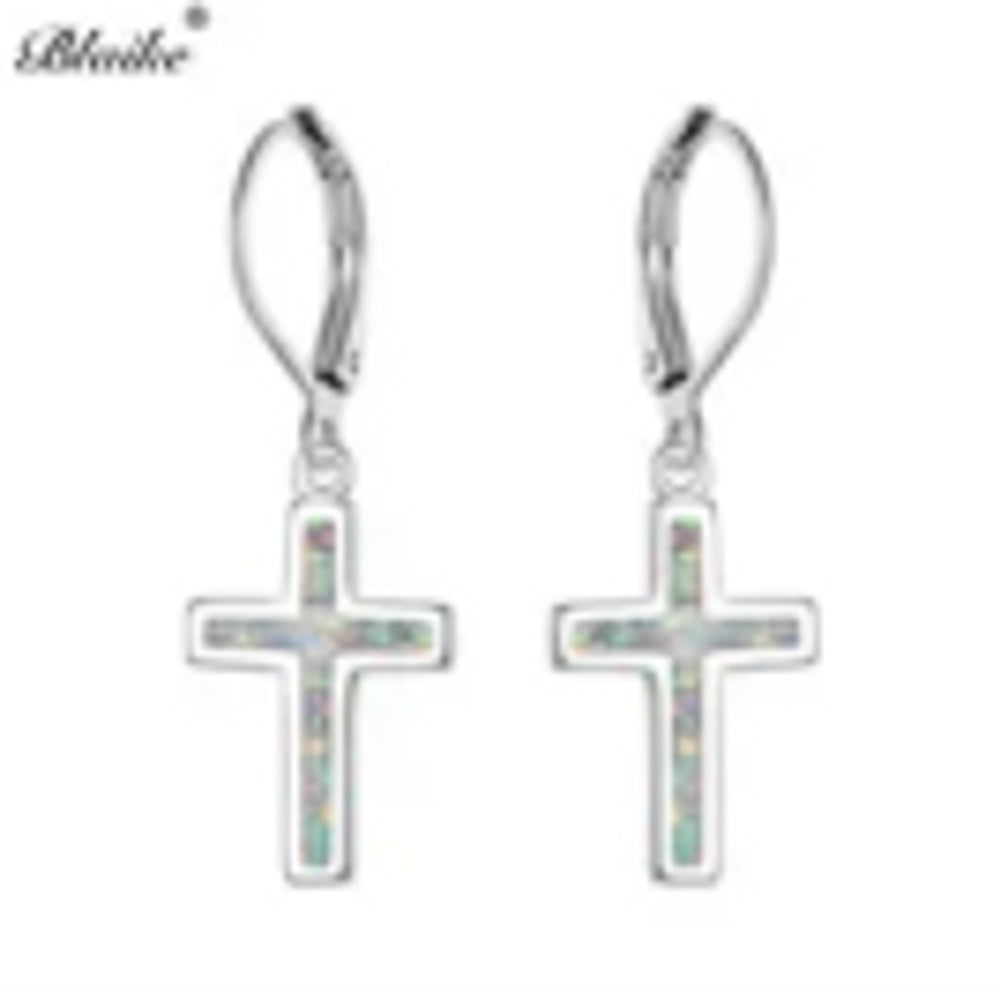 Sterling Silver White Simulated Opal Cross Huggie Earrings