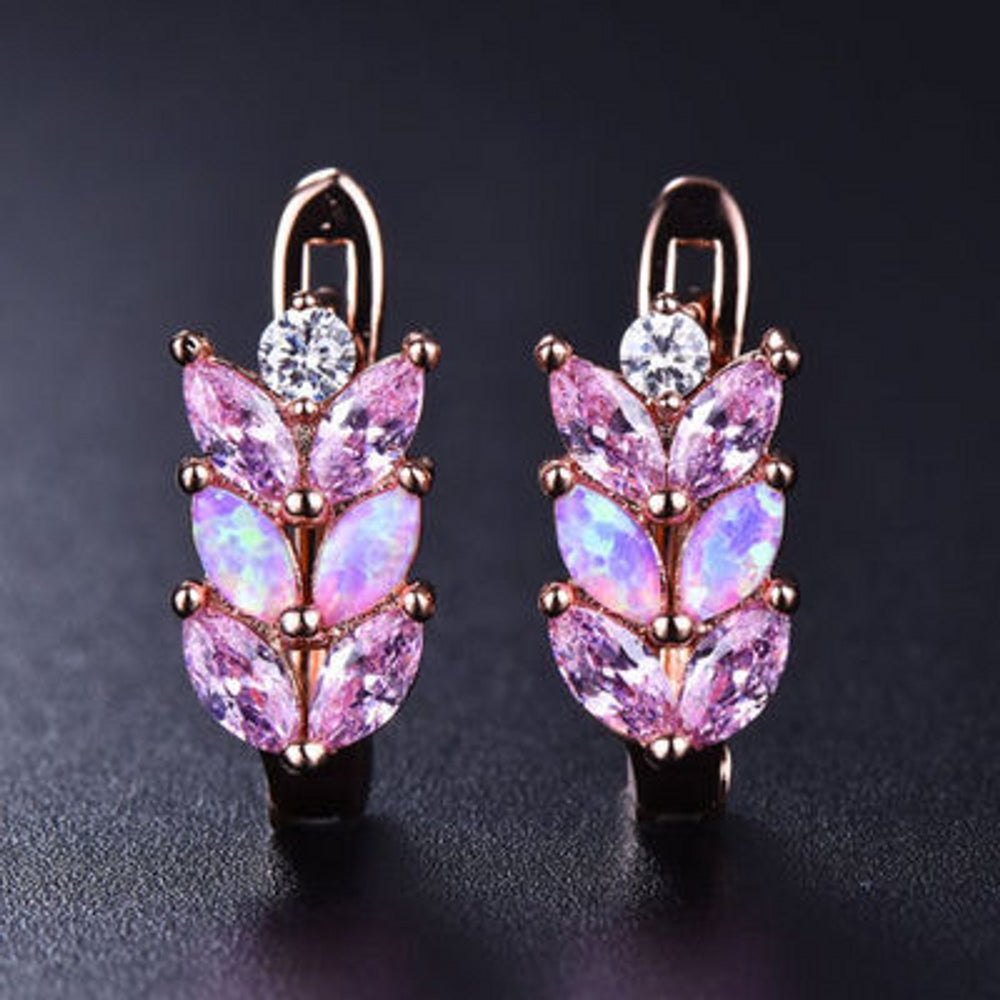 Rose Gold-Tone Pink Simulated Opal Leaf Huggie Earrings