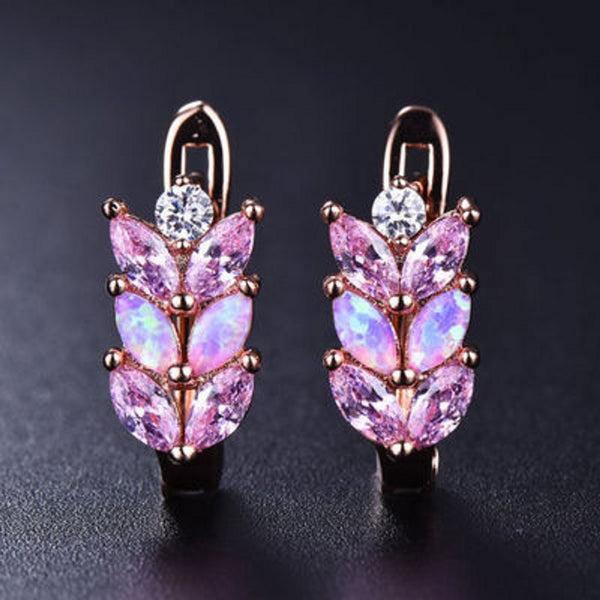 Rose Gold-Tone Pink Simulated Opal Leaf Huggie Earrings