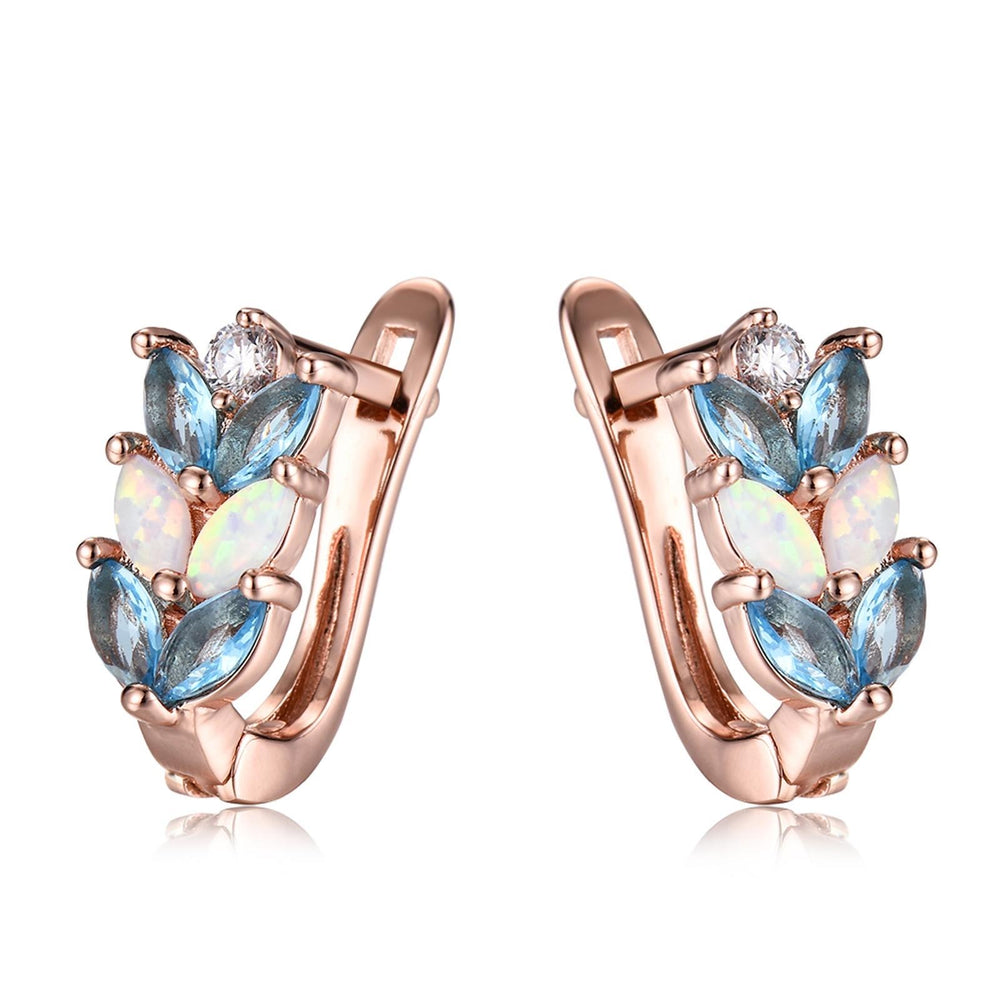 Rose Gold-Tone White Simulated Opal Leaf Huggie Earrings
