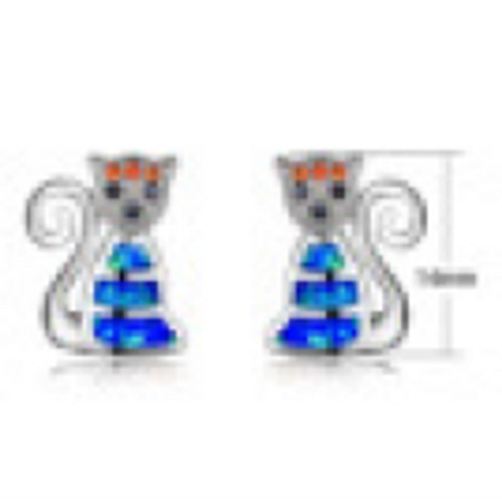 Silver-Tone Blue Simulated Opal Cat Stud Earrings